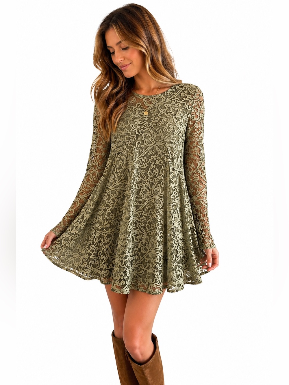 Show Me Your MuMu Tyler Lace Tunic Dress XS Olive Green Boho Mini
